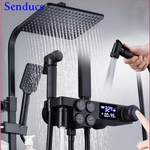 Digital Shower Set Senducs Press Handle Bathroom Shower System of 10 Inch ABS Shower Head Matte Black Digital Shower Mixer Set
