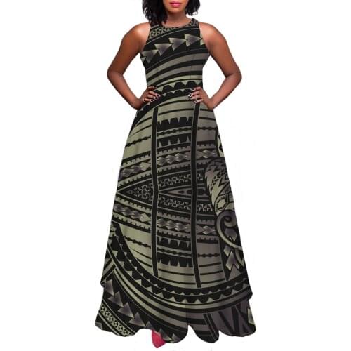 Hycool Free Shipping Polynesian Tribal Striped Print Sleeveless Summer Sundress A-Line Wedding Dresses 2021 Floor Evening Dress