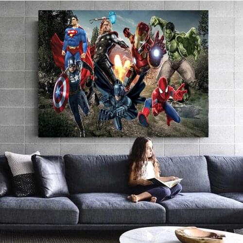 Superhero Cartoon Canvas Paintings Marvel Avengers Iron Man Spiderman Posters and Print Wall Art Pictures for Living Home Decor