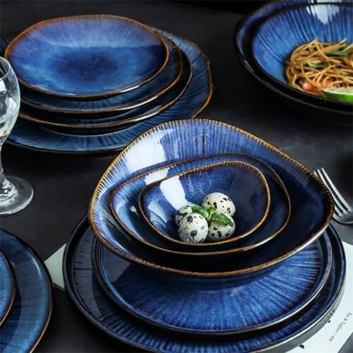 Ceramic Kiln Change Blue Glaze Dinner Plate Household Steak Plate Creative Rice Soup Bowls Breakfast Dishes Kitchen Tableware