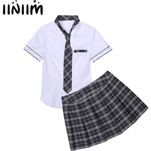 Womens Schoolgirls Cosplay Exotic Costume Japanese Uniform Ladies Clubwear Shirt with Plaid Skirt Tie Anime Role Play Dress Up