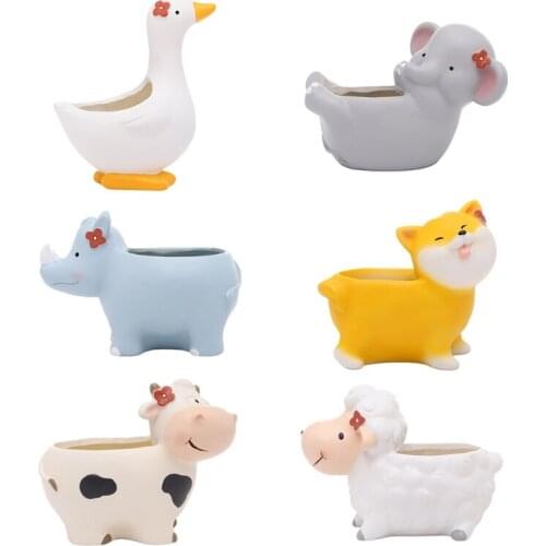 A Mini Cartoon Animal Shape Succulent Plant Pot Resin Flower Pot Stand With Drain Hole Indoor Bonsai Gardening Supplies