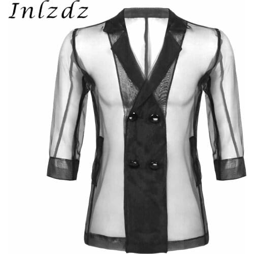 Mens Rave Shirt Fashion Lapel Collar 3/4 Sleeves See Through Sheer Tops Double-Breasted Transparent Coat for Party Nightclub