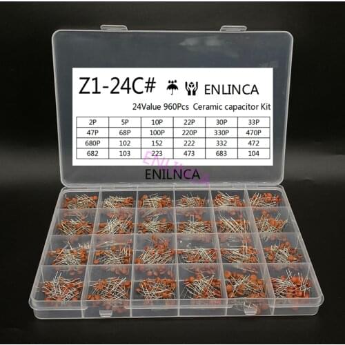 960Pcs/lot Ceramic capacitor Assortment Kit 2PF-0.1UF 50V Ceramic capacitors set 24value*40pcs diy Electronic capacitors 20