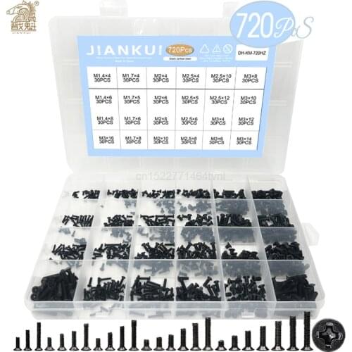 720pcs countersunk flat head phillips small mini screw set m1.4 m1.7 m2 m2.5 m3 carbon steel computer notebook laptop screws kit