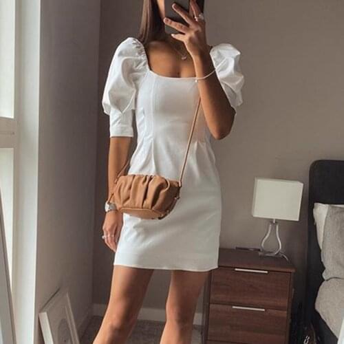 White Mini Dress Women Summer Elegant Puff Sleeve Pleated Party Dresses Square Collar Casual Vintage Female Dress Vestidos