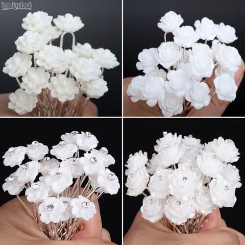 20pcs/pack White Flowers U Shaped Hair Clips Hairpin Stick Wedding Bridal Crystal Flowers Hairpin Hair Accessories Wholesale