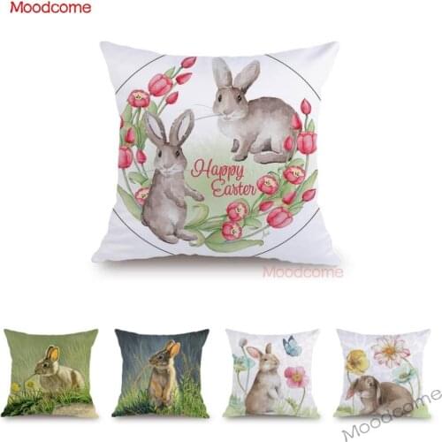 Lovely Bunny Happy Easter Rabbit Cute Car Pillow Super Soft Velvet Children Room Decoration Sofa Pillow Case Chair Cushion Cover