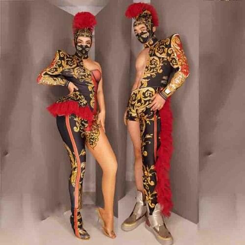 Vintage Print One Shoulder Jumpsuit Uniform Men Women Dance Cosplay Costume Nightclub Singer Dancer Stage Rave Outfit XS1462