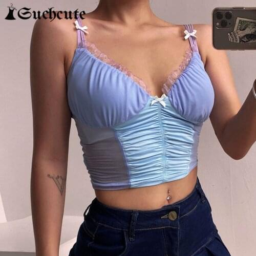 SUCHCUTE womens T-shirts bow ruffles basic tee with stap E girl summer 2020 gothic vintage tops female streetwear 90s clothe