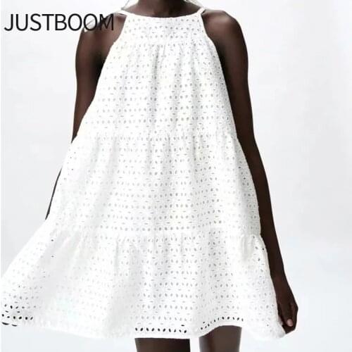 Womens new white ZA brand designer halter skirt hollow flowers loose round neck knee-length skirt retro casual Dress