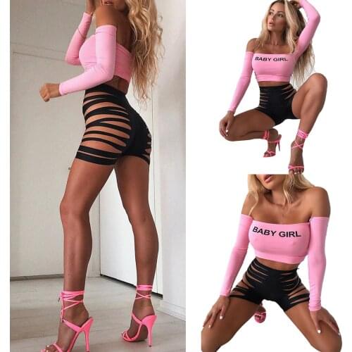 Womens Pink Sexy Top Letter Print Long-sleeved Chest-wrapped Short T-shirt Ladies Tight Clothing Party Nightclub Wear