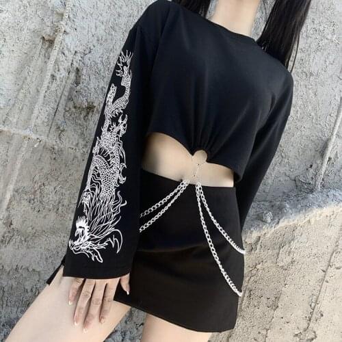 Women Top Gothic Dragon Print Chain Patchwork Tops Women Loose Harajuku Long Sleeve Black Tops Streetwear Fashion Spring Autumn