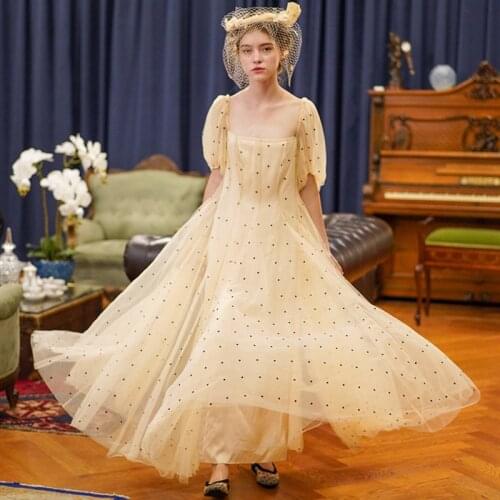 Women Spring Summer Elegant Slim Vintage Black Polka Dots Mesh Maxi Dresses Ladies Retro Original Design Big Swing Long Dresses