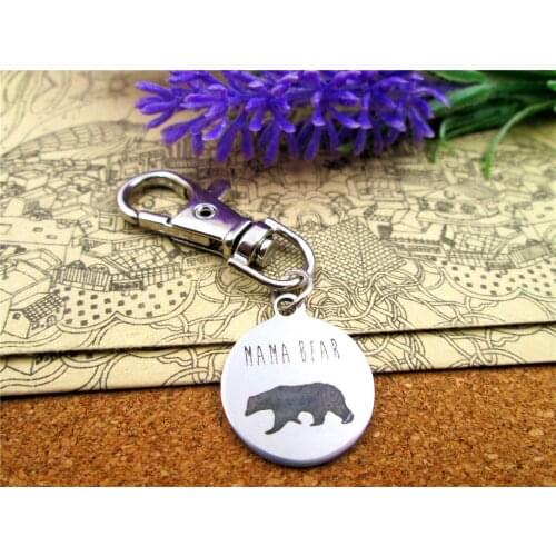 3pcs/lot high quality keychain with 20mm stainless steel circle round "mama bear "charms keychain