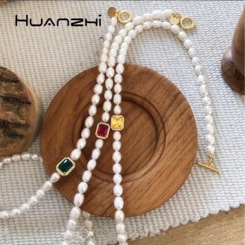 HUANZHI 2020 New Trendy Retro Natural Pearl Bracelet Colorful Zircon Geometric For Women Girls Party Travel Jewelry Gifts