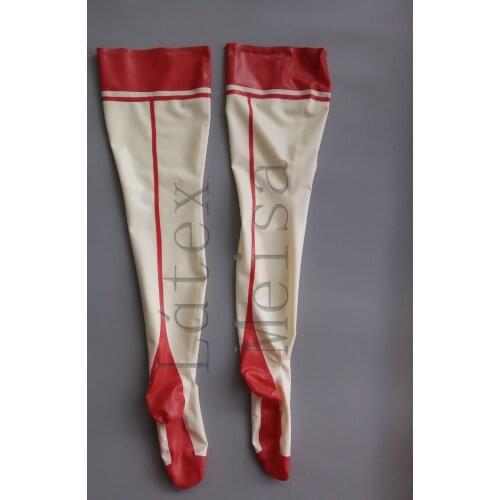 White natural latex tight stockings decorative with red trims on top for women