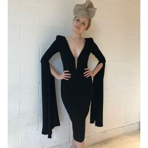 Elegant Deep V-Neck Long Sleeve Black Stretchy Evening Dresses Short Tea Length Covered Back Formal Party Dress for Women