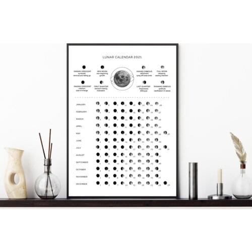 Moon Phases 2021 Calendar Canvas Poster Art Prints , Lunar Calendar 2021 Poster , Wicca Wall Art Picture Painting Home Decor