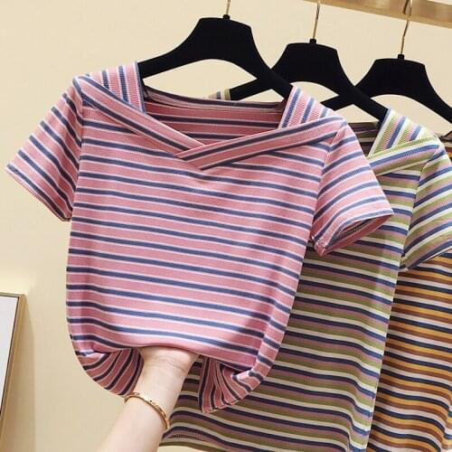 WWENN Cotton Korean V-Neck Basic Striped T shirt Women Clothes Summer Short Sleeve Casual TShirt Female Tops Tee Shirt Femme