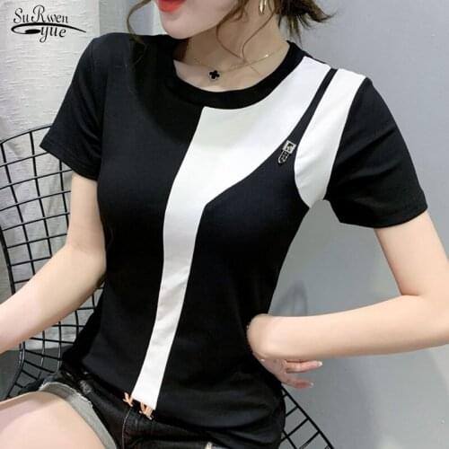Chemisier Femme 2021 Summer New Short Sleeve Round Neck Spliced Cotton Blouse Women Thin Fashion White & Black blouse 9208 50