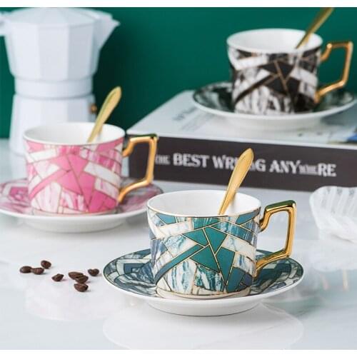 European Luxury Gold Border Creative Phnom Penh Bone China Ceramic Coffee Cup Afternoon Tea Cup with Spoon Set