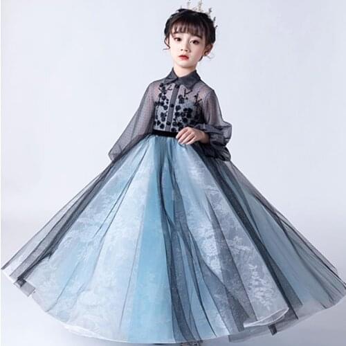 Lapel Tulle Flower Girl Dresses Wedding Evening Gowns Lantern Sleeve Lace Embroidery Formal Dress For Girls Birthday Gown L776
