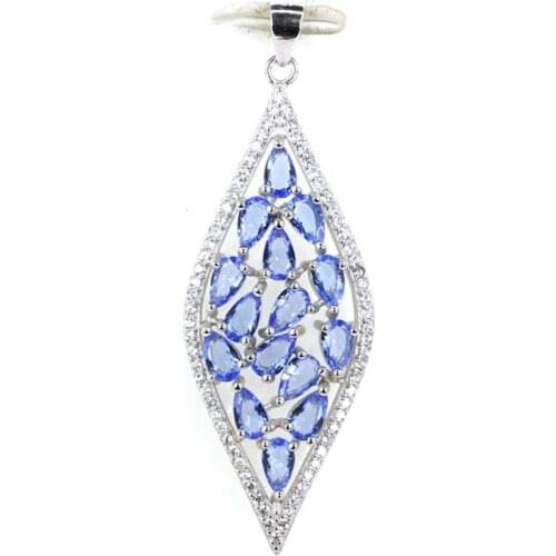 Guaranteed Real 925 Solid Sterling Silver 4.2g Deluxe Tanzanite Cubic Zirconia Ladies Pendant 50x17mm