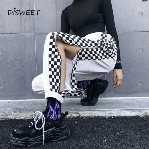 Fashion Black And White Plaid Stitching Trousers Zipper Stretch Waist Street Wind Harem Pants Girl High Waist Loose Trousers