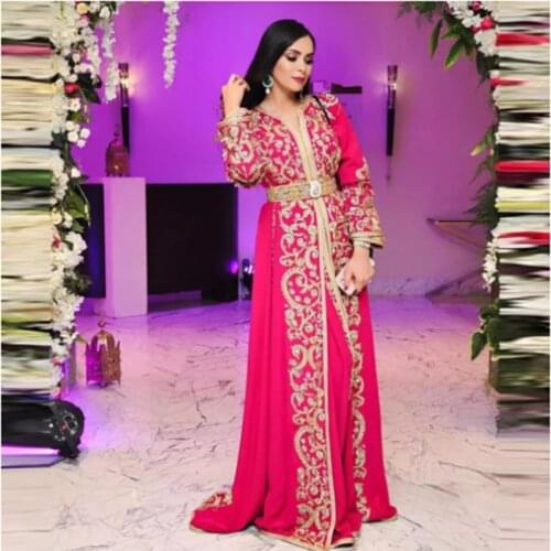 Fashion Fuchsia Sequin Appliques Moroccan Caftan Evening Dresses Long Sleeves Beaded Dubai Saudi Arabia Prom Gowns Wear Party