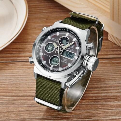 Fashionable OHSEN Sports Watch LED Watch with Canvas Watch Band Military Wristwatches LCD Digital Mens Watch Rubber Band