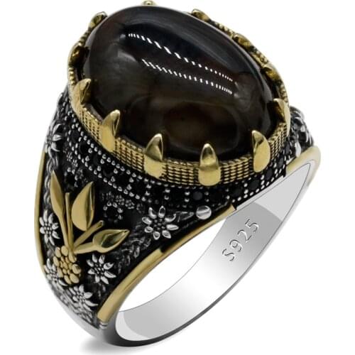 925 Sterling Silver Mens Natural Marine Agate Stone Print Paw Print Exquisite Auspicious Retro Handmade Turkish Ring Party Gift