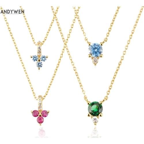 ANDYWEN 925 Sterling Silver Gold Three Zircon CZ Pendant Charm Choker Long Chain Rainbow Crystal Wedding Jewely For Women Party