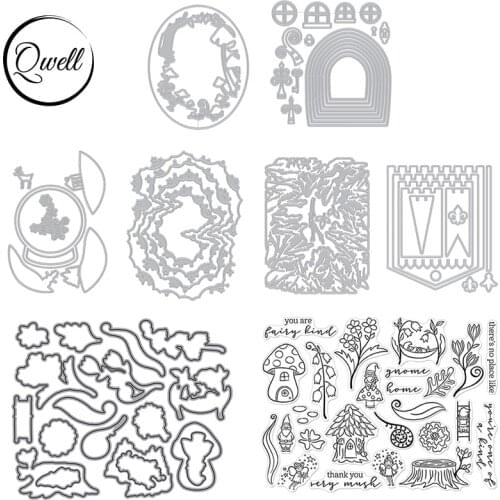 Qwell Cutting Dies Clear Stamps Gnome Flowers Trunk Cottage Globe Banner Flag Oval Frame DIY Craft Paper Cards 2021 Hot Sale