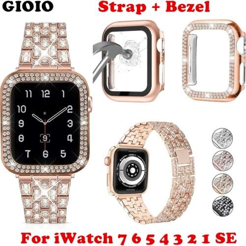 Compatible With Apple Watch Band Women Jewelry Bling Diamond Metal Strap with Diamond Case and Glass Screen Protector Case