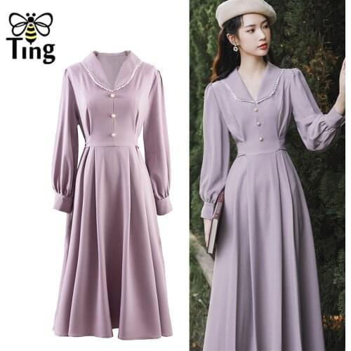 Tingfly Vintage Elegant Peter Pan Collar A Line Dress 90S Retro Soft Girl Casual High Waist Midi Long Dress Vestidos Zaful Chic