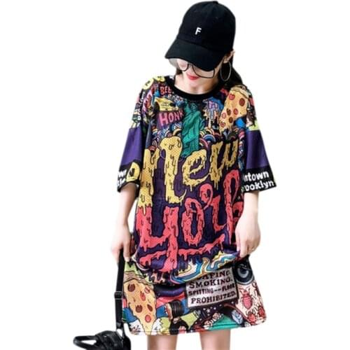Summer Tops Korean Ulzzang Harajuku Graffiti Tee Shirt Loose Ladies Short Sleeve Casual Streetwear Loose Oversized Tee