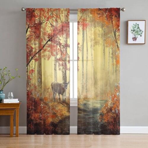 Tulle Curtains Autumn Deer Forest Path Boys And Girls Bedroom Sheer Hanging Curtain Living Room Kitchen Gauze Curtain