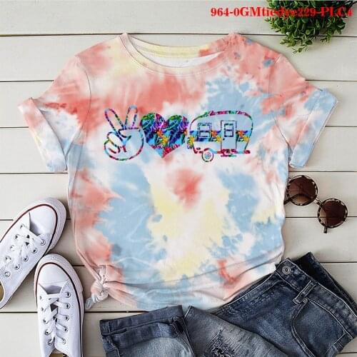 Female T-shirt Peace Love Print T-shirt Short-sleeved Summer Female Harajuku Graphic T-shirt Kawaii Tops Camisetas Mujer Tie Dye
