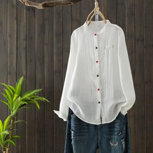 Cotton 100% White Women Shirts Summer Vintage O-Neck Button Embroidery Casual All Match Female Outwear Coats Tops