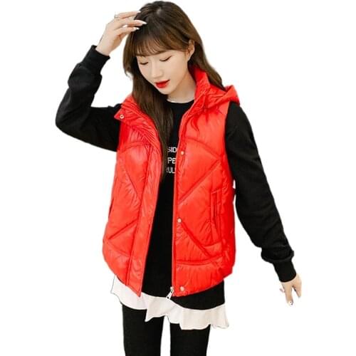 Womens autumn Winter Vest Sleeveless Jacket Warm Hooded Vest glossy Coat Waistcoat women Casual Thicken Vest Outwear