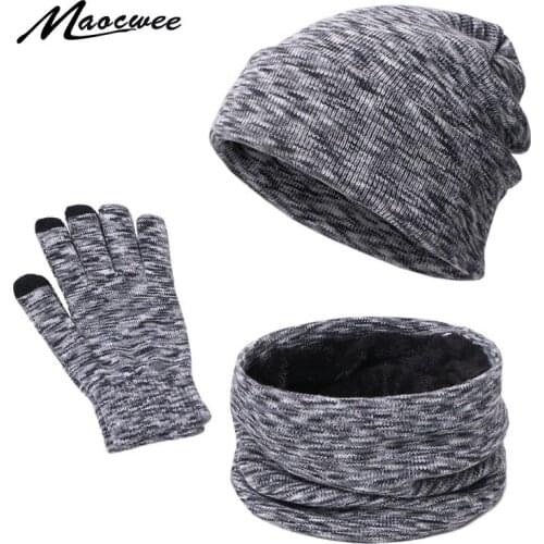 New Knitted Winter Hat Scarf Gloves Set Women Thick Touch Screen Glove Beanies Ring Scarf Female For Girls Gift Solid Color Sets