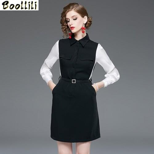 Boollili Vintage Office Mini Dress Women Clothes 2020 Spring Autumn Long Sleeve Black Dress Ladies Dresses with Belt Vestidos