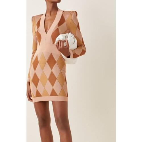 2021 Autumn New Khaki Sexy V Neck Full Sleeve Mini Bandage Dress Women Knitted Casual Fashion Party Dress