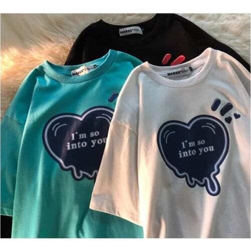 Lake Blue Graffiti Slimming Summer New Love Short-Sleeved T-shirt Female Ins Summer Early Spring 2021