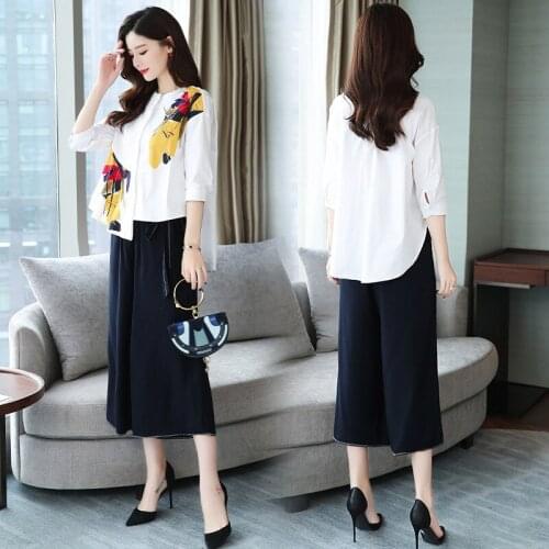 Set female summer new high-end printing casual loose shirt elastic waist seven pants wide leg pants two sets of womens clothing