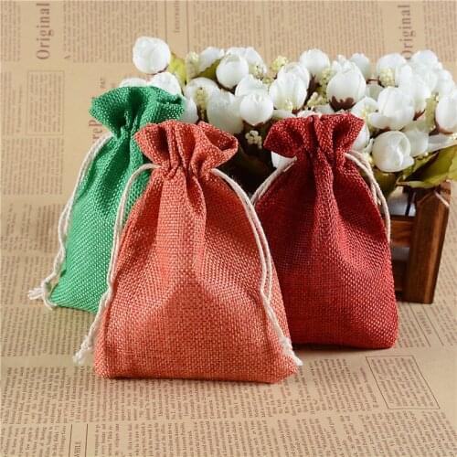50pcs Multicolor Handmade Jute burlap Hessian Drawstring Gift wedding favor Bags Jewelry Christmas candy Beam Packaging sack