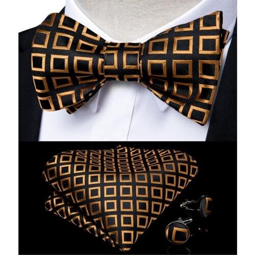 Fashion Mens Bowtie Black Gold Plaid Designer Ajustable Butterfly Gift Bowtie For Men Silk Wedding Groom Party DiBanGu LH-084