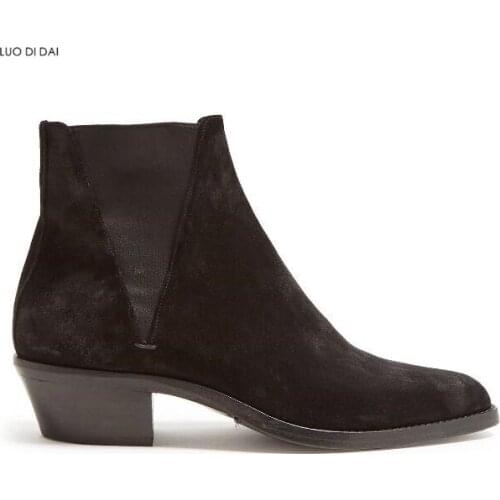 2019 fashion men boots slip on chelsea boots male party shoes med heel suede leather ankle booties pointed toe western boots men