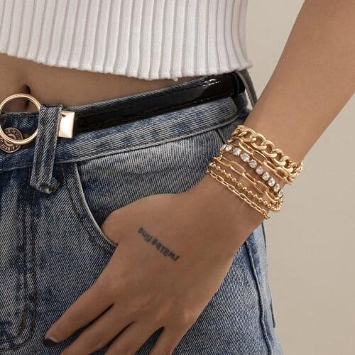 Geometric Simple Gold Couple Bracelet Set for Women Charm Easy Hook Full Crystal Exaggerated Female Bangle Wrist Jewelry Gift